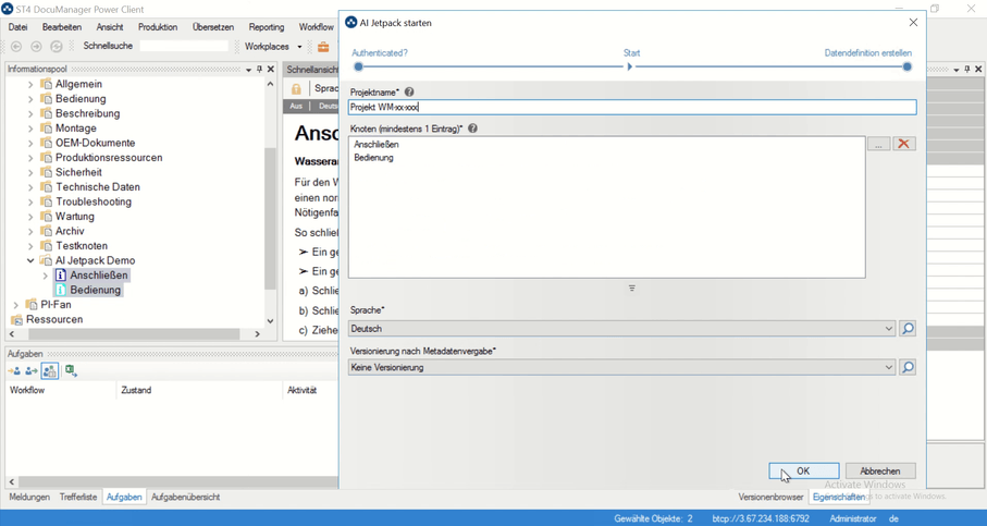 Der ST4 AI Jetpack Start-Dialog